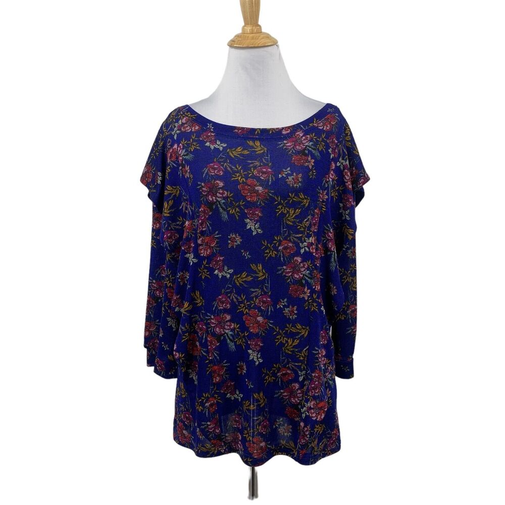 Free People Blouse Womens M Medium Cobalt Blue Dock Street Floral Tiered Sleeve
